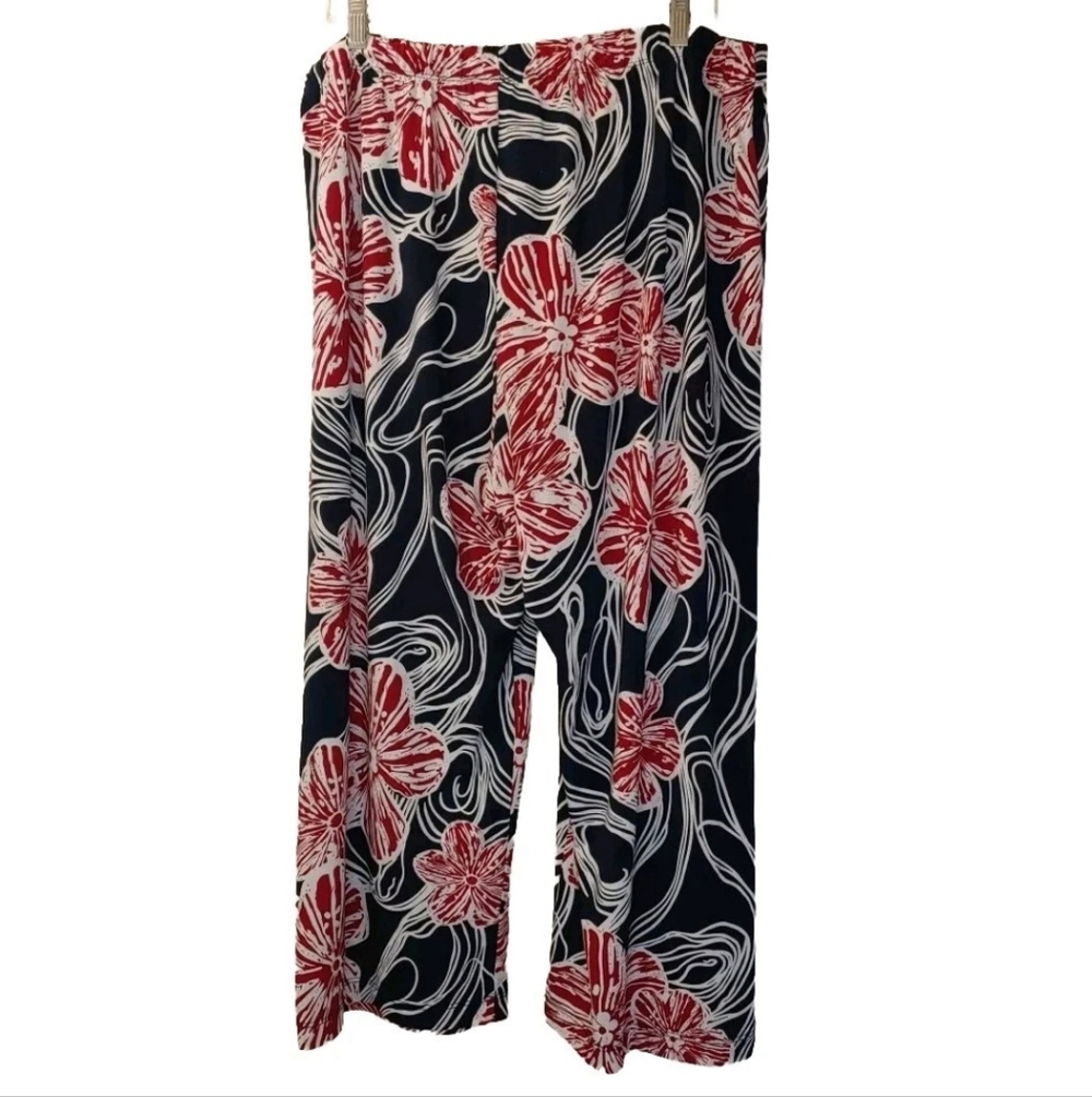 Wide Leg Pants 1X Beachy Navy Tropical Floral Y2k Vtg USA Cottage Coastal Boho